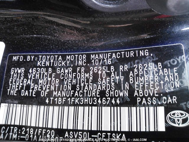 4T1BF1FK3HU346744 - 2017 TOYOTA CAMRY LE/XLE/SE/XSE 黑色 照片 9