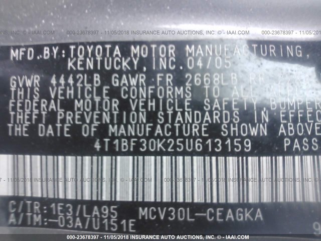 4T1BF30K25U613159 - 2005 TOYOTA CAMRY LE/XLE/SE GRAY photo 9