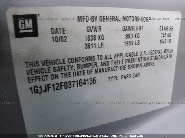 1G1JF12F037164136 - 2003 CHEVROLET CAVALIER LS 银色 照片 9