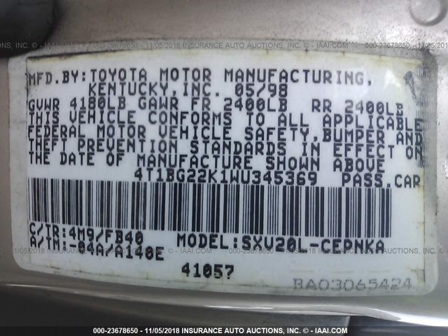 4T1BG22K1WU345369 - 1998 TOYOTA CAMRY CE/LE/XLE 棕色 照片 9