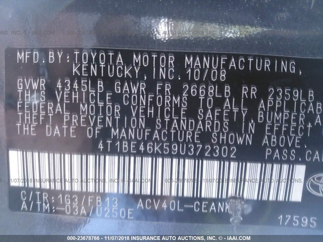 4T1BE46K59U372302 - 2009 TOYOTA CAMRY SE/LE/XLE GRAY photo 9