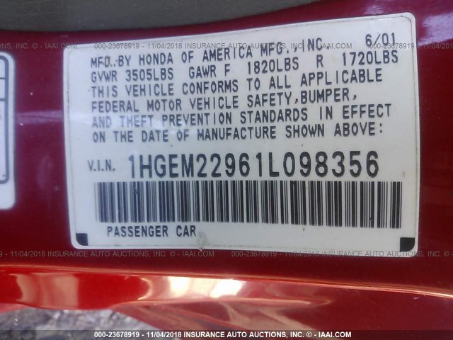 1HGEM22961L098356 - 2001 HONDA CIVIC SI/EX RED photo 9