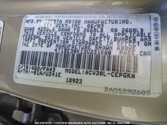 4T1BE30K13U231060 - 2003 TOYOTA CAMRY LE/XLE/SE GOLD photo 9