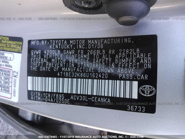 4T1BE32K86U162420 - 2006 TOYOTA CAMRY LE/XLE/SE SILVER photo 9