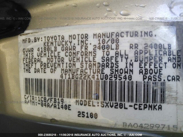 4T1BG22K41U029540 - 2001 TOYOTA CAMRY CE/LE/XLE 银色 照片 9