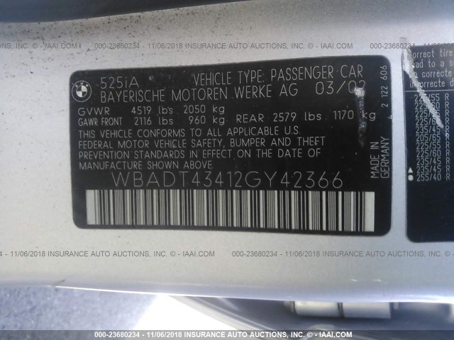 WBADT43412GY42366 - 2002 BMW 525 I AUTOMATIC SILVER photo 9