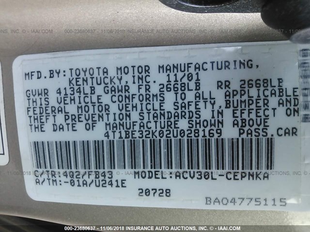 4T1BE32K02U028169 - 2002 TOYOTA CAMRY LE/XLE/SE GOLD photo 9