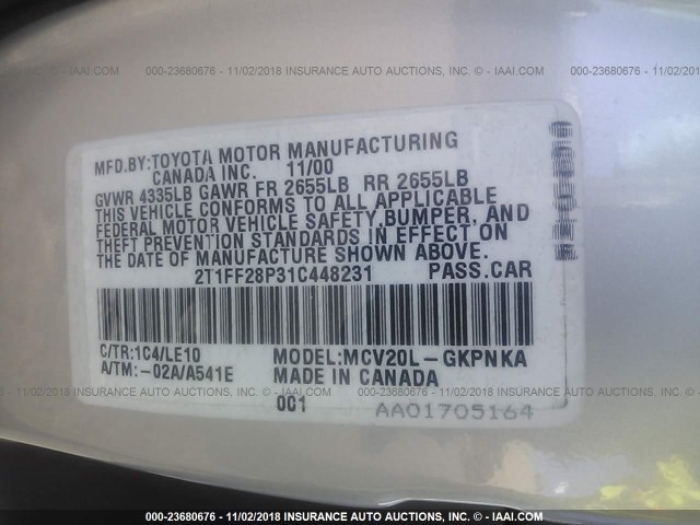 2T1FF28P31C448231 - 2001 TOYOTA CAMRY SOLARA SE/SLE Gümüş foto 9
