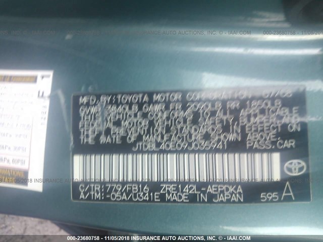 JTDBL40E09J035941 - 2009 TOYOTA COROLLA LE/XLE BLUE photo 9