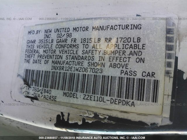 1NXBR12E1WZ067023 - 1998 TOYOTA COROLLA VE/CE/LE 白色 照片 9