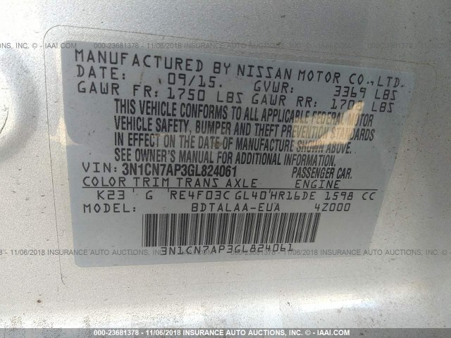 3N1CN7AP3GL824061 - 2016 NISSAN VERSA S/S PLUS/SV/SL SILVER photo 9