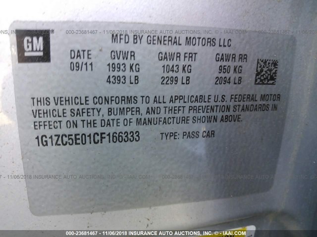 1G1ZC5E01CF166333 - 2012 CHEVROLET MALIBU 1LT SILVER photo 9