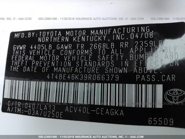 4T4BE46K39R066379 - 2009 TOYOTA CAMRY SE/LE/XLE WHITE photo 9