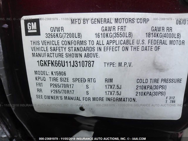 1GKFK66U11J310787 - 2001 GMC DENALI XL K1500 RED photo 9