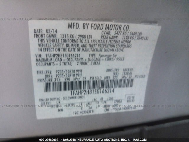 1FAHP2H81EG166214 - 2014 FORD TAURUS SEL SILVER photo 9