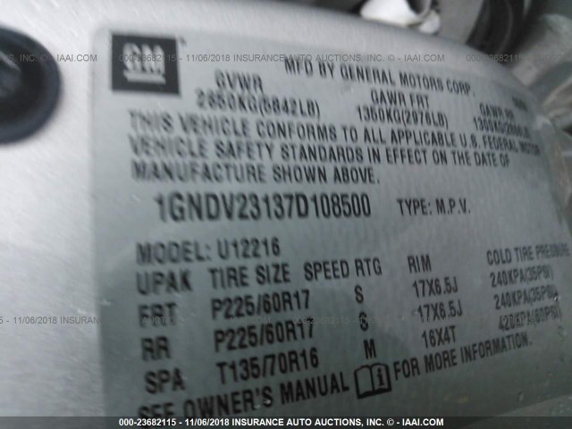 1GNDV23137D108500 - 2007 CHEVROLET UPLANDER LS SILVER photo 9