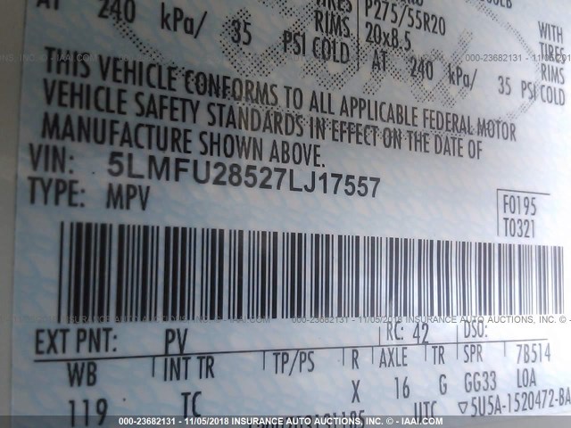 5LMFU28527LJ17557 - 2007 LINCOLN NAVIGATOR Kremowy zdjęcie 9