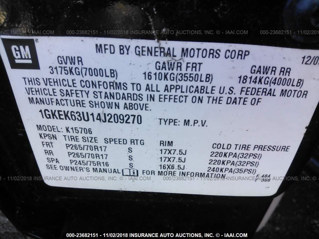 1GKEK63U14J209270 - 2004 GMC YUKON DENALI BLACK photo 9