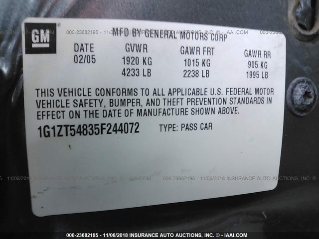 1G1ZT54835F244072 - 2005 CHEVROLET MALIBU LS Boz foto 9