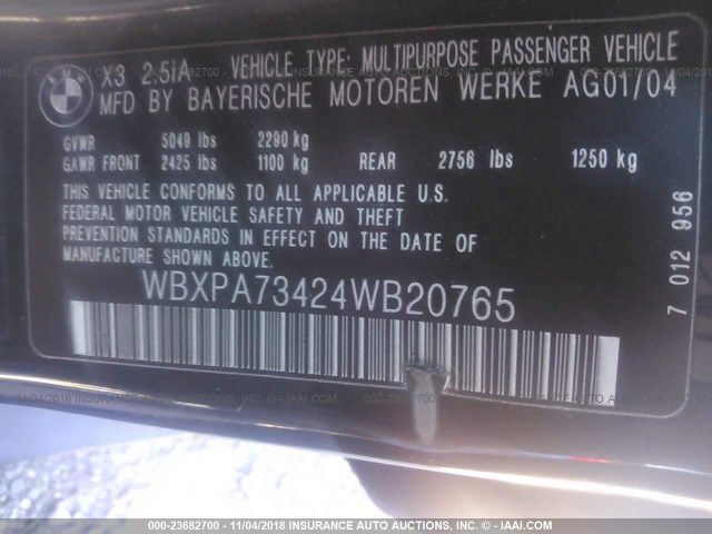 WBXPA73424WB20765 - 2004 BMW X3 2.5I BLACK photo 9