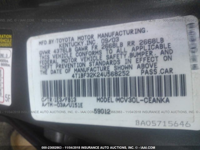 4T1BF32K24U568252 - 2004 TOYOTA CAMRY LE/XLE/SE GRAY photo 9
