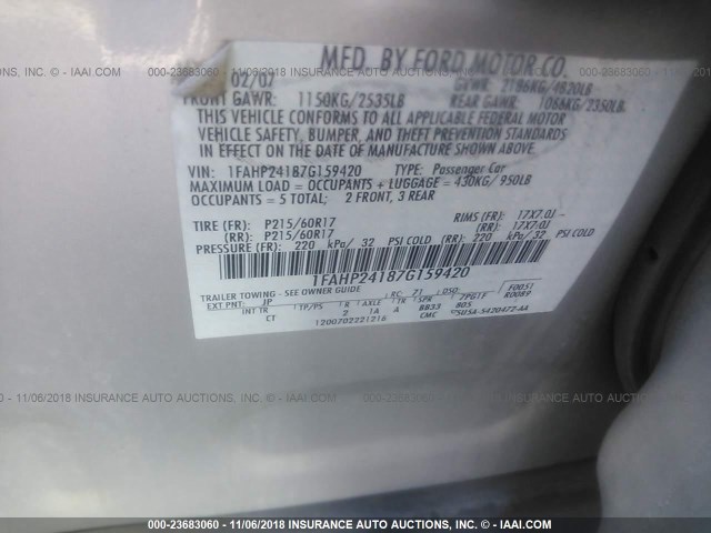 1FAHP24187G159420 - 2007 FORD FIVE HUNDRED SEL SILVER photo 9