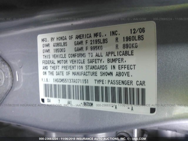 1HGCM55137A071151 - 2007 HONDA ACCORD VALUE SILVER photo 9