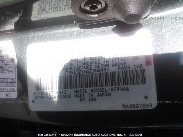 JTDBE32K620008455 - 2002 TOYOTA CAMRY LE/XLE/SE GREEN photo 9
