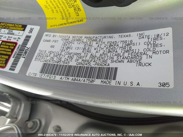 5TFLU4EN7DX057645 - 2013 TOYOTA TACOMA DOUBLE CAB 银色 照片 9