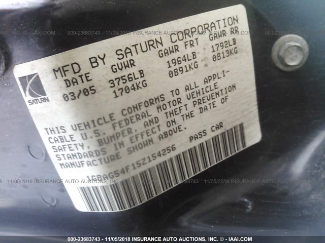 1G8AG54F15Z154256 - 2005 SATURN ION LEVEL 1 SILVER photo 9