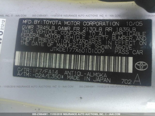 JTKDE177X60101009 - 2006 TOYOTA SCION TC 银色 照片 9