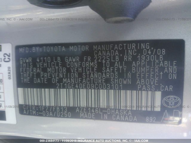 2T1GE40E09C003101 - 2009 TOYOTA COROLLA MATRIX XRS SILVER photo 9