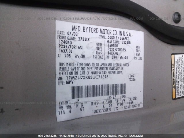 1FMZU73K83UC71396 - 2003 FORD EXPLORER XLT/XLT SPORT/NBX 银色 照片 9