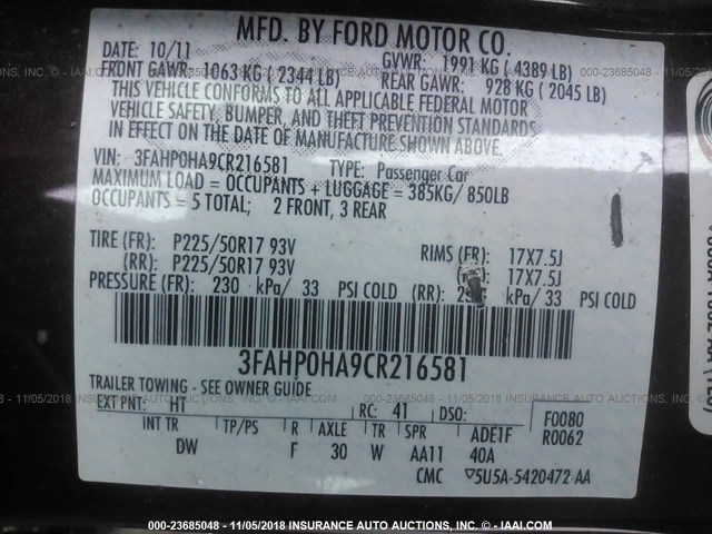 3FAHP0HA9CR216581 - 2012 FORD FUSION SE BURGUNDY photo 9