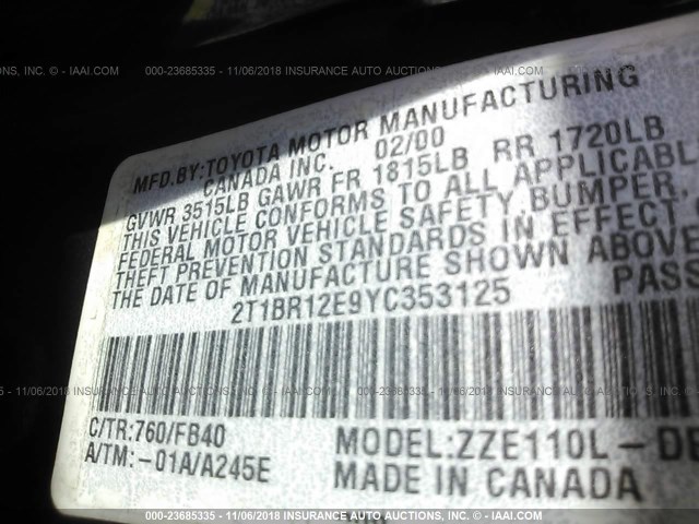 2T1BR12E9YC353125 - 2000 TOYOTA COROLLA VE/CE/LE 蓝色 照片 9