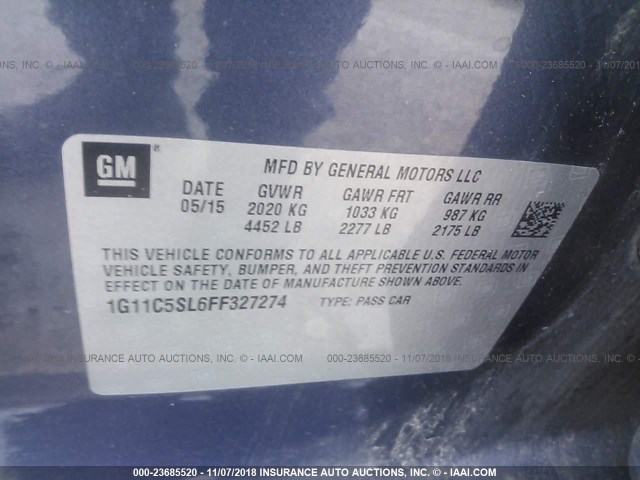 1G11C5SL6FF327274 - 2015 CHEVROLET MALIBU 1LT BLUE photo 9