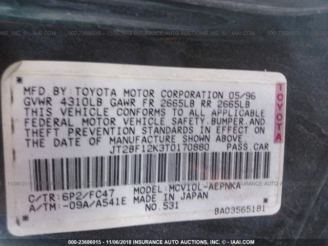 JT2BF12K3T0170880 - 1996 TOYOTA CAMRY LE/XLE/SE GREEN photo 9