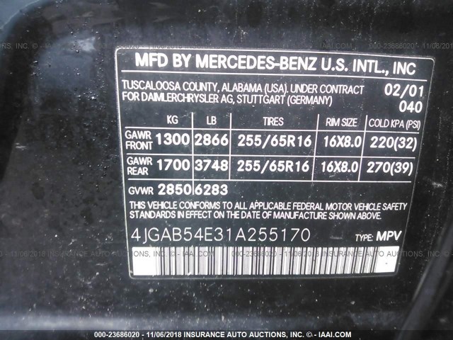 4JGAB54E31A255170 - 2001 MERCEDES-BENZ ML 320 BLACK photo 9