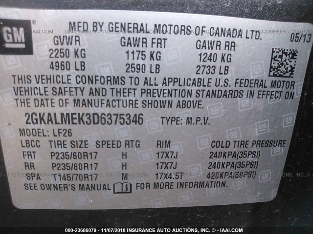 2GKALMEK3D6375346 - 2013 GMC TERRAIN SLE GRAY photo 9