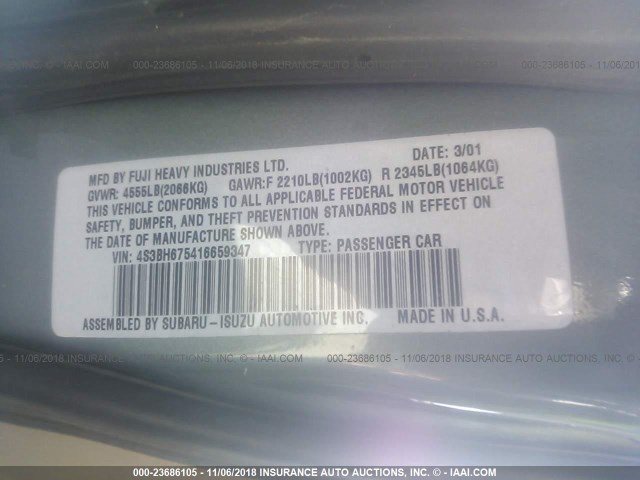 4S3BH675416659347 - 2001 SUBARU LEGACY OUTBACK AWP 绿色 照片 9