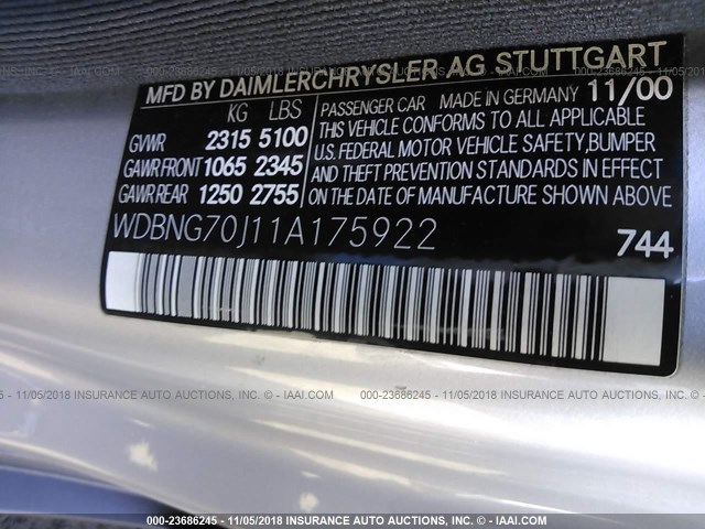 WDBNG70J11A175922 - 2001 MERCEDES-BENZ S 430 SILVER photo 9