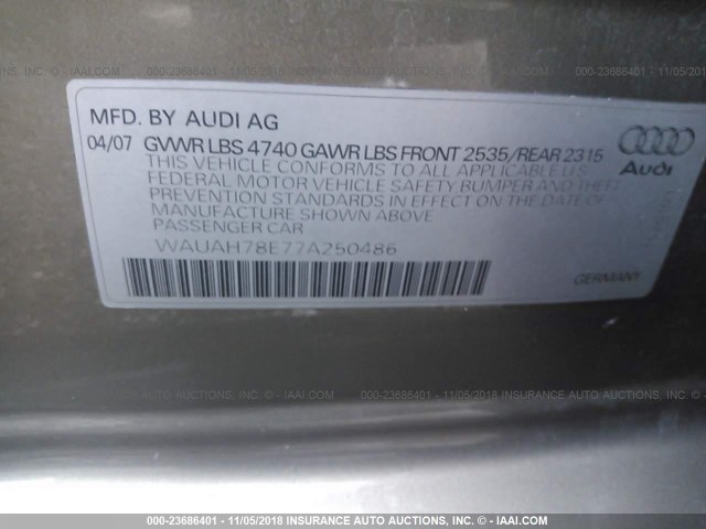 WAUAH78E77A250486 - 2007 AUDI A4 3.2 GOLD photo 9