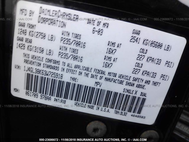 1J4GL38K63W725918 - 2003 JEEP LIBERTY RENEGADE BLACK photo 9