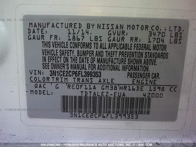 3N1CE2CP6FL399353 - 2015 NISSAN VERSA NOTE S/S PLUS/SV/SL/SR WHITE photo 9