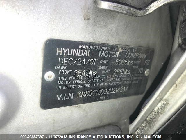 KM8SC13D92U214237 - 2002 HYUNDAI SANTA FE GLS/LX SILVER photo 9