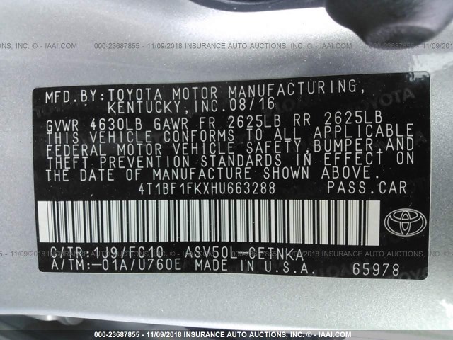 4T1BF1FKXHU663288 - 2017 TOYOTA CAMRY LE/XLE/SE/XSE SILVER photo 9