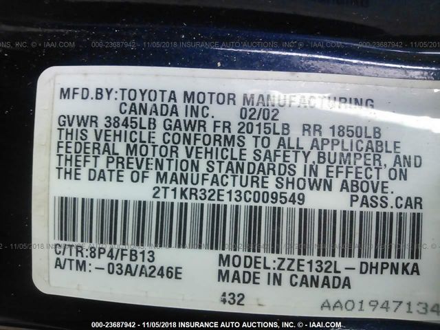 2T1KR32E13C009549 - 2003 TOYOTA COROLLA MATRIX XR BLACK photo 9