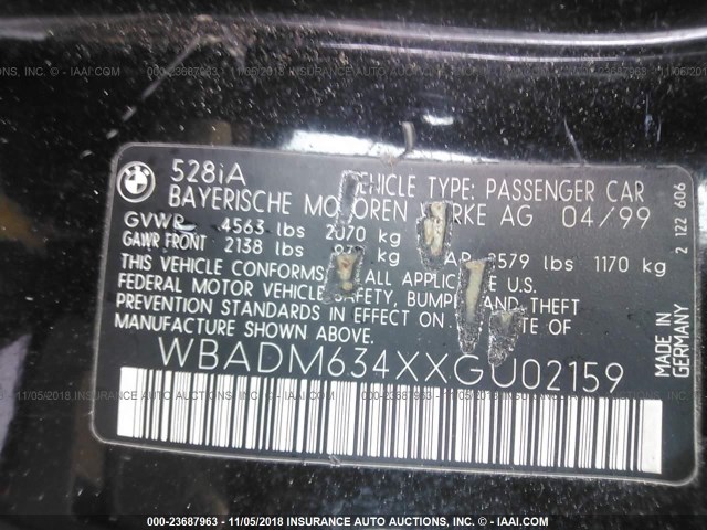 WBADM634XXGU02159 - 1999 BMW 528 I AUTOMATIC BLACK photo 9