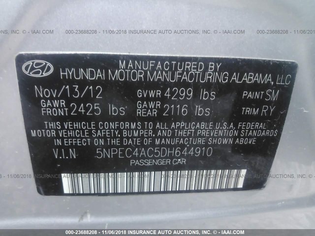 5NPEC4AC5DH644910 - 2013 HYUNDAI SONATA SE/LIMITED SILVER photo 9