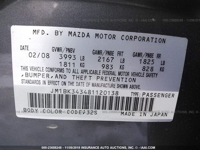 JM1BK343481120138 - 2008 MAZDA 3 HATCHBACK GRAY photo 9